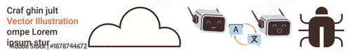 Cloud computing, artificial intelligence, cybersecurity, language translation, data storage, automation. Visual of a cloud, translation devices and a bug icon. Cloud computing and AI automation