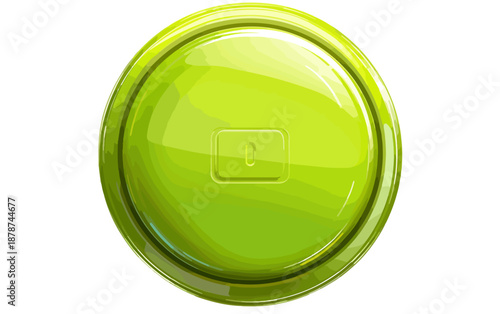 Botão redondo verde limão brilhante com um ícone de pausa centralizado isolado em fundo transparente.