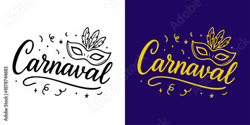 Palabra Carnaval con florituras de adorno y máscara con plumas para felicitaciones y tarjetas 