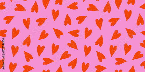 Hand drawn heart seamless pattern. Pencil sketch background with ink scribbles and crayon strokes. Cute chaotic romantic doodle surface.