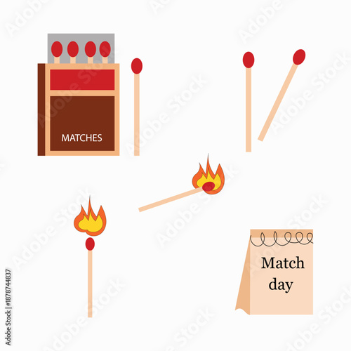 Match day set with matchbox burning matches and calendar