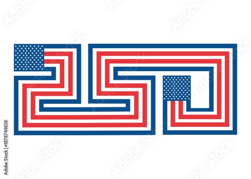 250 years Anniversary logo to celebrate Independence Day of America on 4th July. Fourth of July banner, poster, card. Number 250 typography design with US flag red and blue on white background.