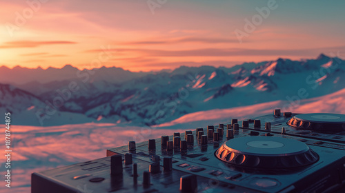DJ booth in skyline among snow-capped mountains at sunset while people ski in the background