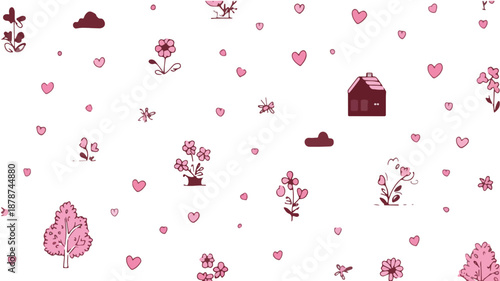 Padrão floral e de coração rosa com casa e nuvens em fundo branco, ideal para design têxtil.