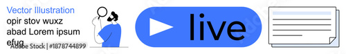 Digital content, live events, video streaming, interactive media, communication tools, user engagement. Play button with live text, viewer icon and content panel. Video streaming and digital content