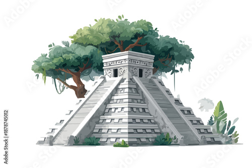 Ilustração vetorial de pirâmide maia antiga com vegetação exuberante crescendo no topo, isolada.