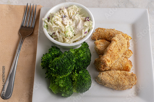 haddock bites  with broccoli and cole slaw