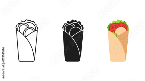 Three wrapped burritos with different color schemes and fillings on white background