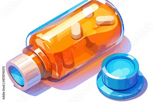 Frasco de comprimidos laranja tombado com cápsulas visíveis em fundo transparente, ilustração médica.
