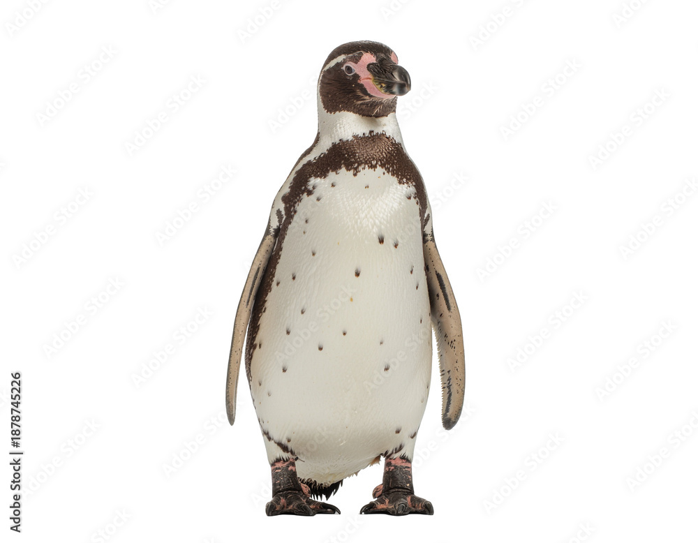 Fototapeta premium Penguin standing upright with mottled brown and white plumage