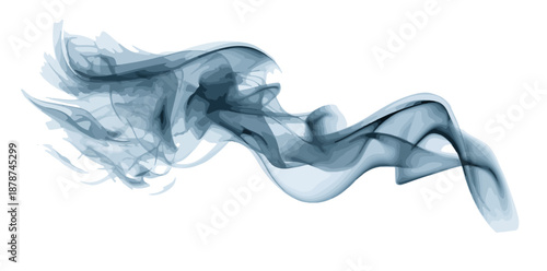 Onda elegante de fumaça azulada translúcida fluindo horizontalmente sobre fundo branco isolado.