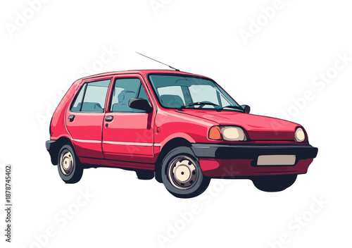 Ilustração vetorial de um carro hatchback vermelho compacto clássico isolado em fundo transparente.