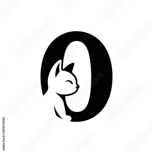 A minimalist design features a cat silhouette nestled within the digit O