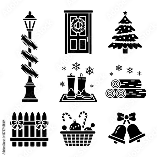 The image features a collection of nine black Christmas-themed icons