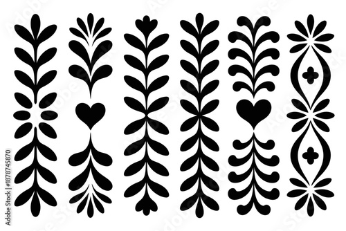 A series of black floral patterns stand vertically