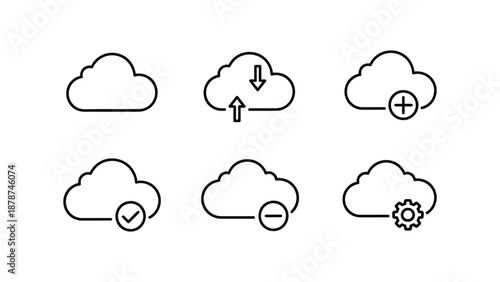 Cloud outline icons for upload, download, and settings
