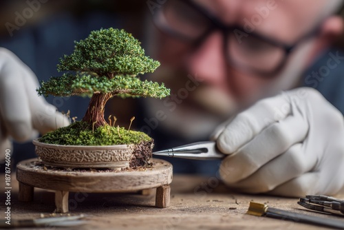 Close-up of a professional artisan carefully pruning a miniature bonsai tree with tweezers in a workshop.