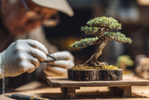Close-up of a professional artisan carefully pruning a miniature bonsai tree with tweezers in a workshop.