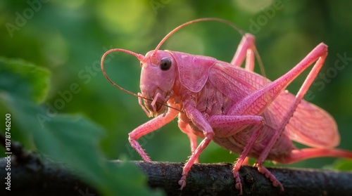 Close-up of erythristic pink morph katydid in grooming pose cleaning antenna. Vibrant color contrast with green foliage. For genetic mutation and nature content.