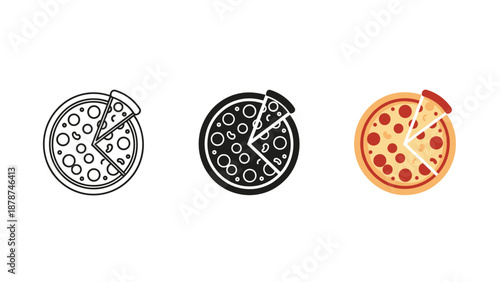 Three different styled pizza icons with slices on white background