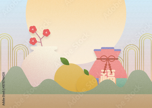 새해 Korean Seollal New Year Illustration with Tteok Maeil Citrus Moon