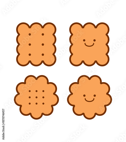 Cute Kawaii Cracker Biscuit Characters Square Round Smiling Faces