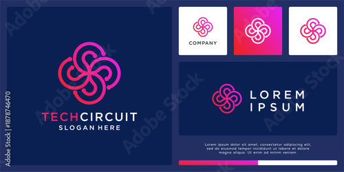 Tech circuit logo design template rounded line