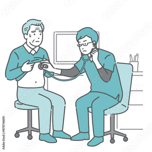 聴診を受ける冷や汗をかいた高齢男性と深刻な表情の医師のイラスト