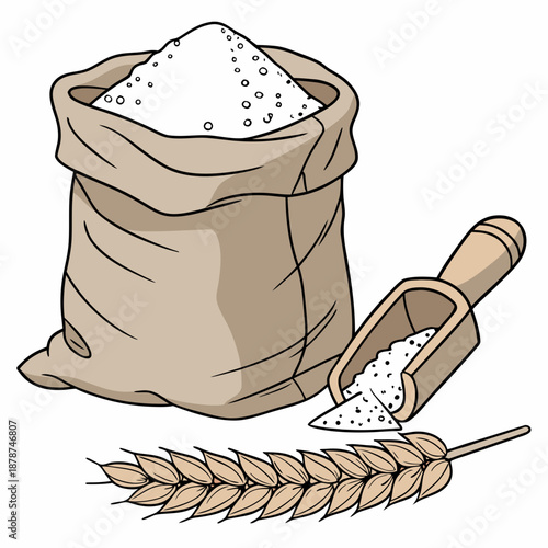 Brown paper sack of flour with wooden scoop and wheat
