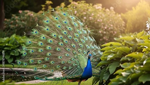 Majestic Peacock Displaying Vibrant Feathers in Lush Green Garden.