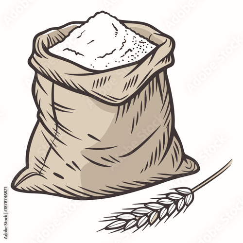 Burlap sack filled with white flour and wheat stalk
