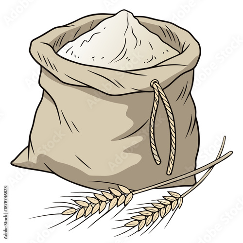 Burlap bag filled with flour and wheat grain