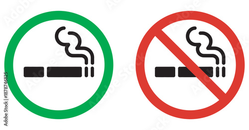 No smoking and smoking area vector icons, professional illustrations, prohibition signs, designated smoking zone graphics, health and safety symbols for public spaces.