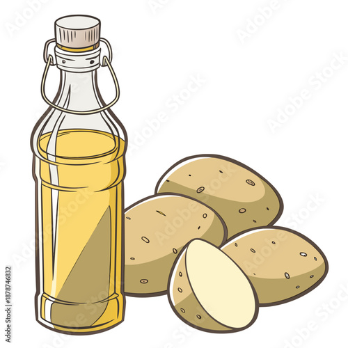 Glass bottle of cooking oil beside raw potatoes
