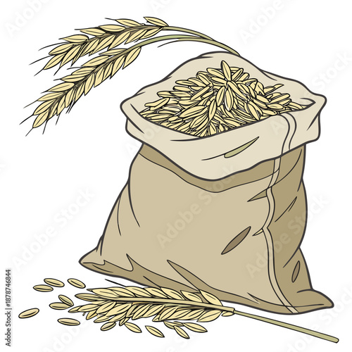 Natural jute bag filled with rice grains and wheat stalks