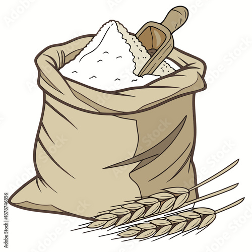 Open sack of flour with wooden scoop and wheat