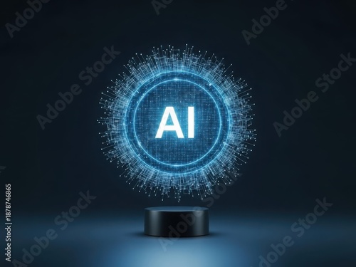 Glowing blue ai logo with futuristic digital circle and light effects on dark background