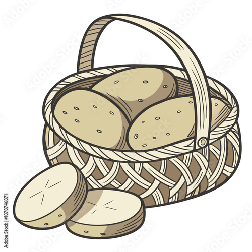 Raw potatoes in woven basket with handle and two potatoes outside