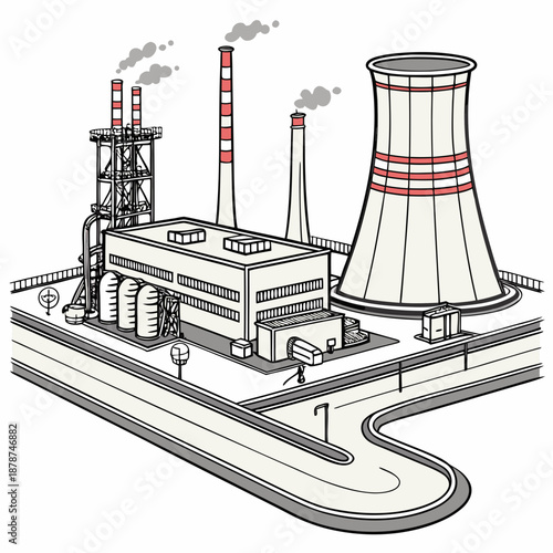 Industrial energy site with cooling tower and smokestacks