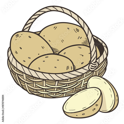 Raw potatoes in woven basket with two outside handle