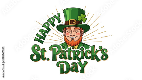 Happy St. Patrick's Day illustration featuring a smiling leprechaun wearing a green hat with a shamrock.