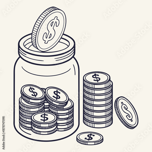 Of coins in a jar and stacks dollar sign saving money
