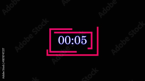 Neon Digital Countdown Timer 00:05 on Black Background Futuristic Time Indicator.