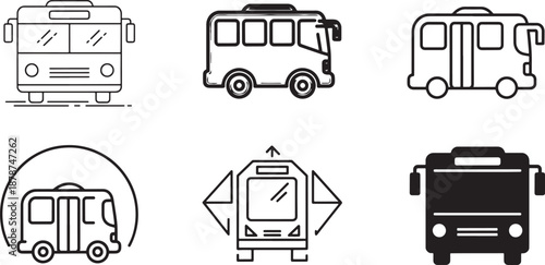 A collection of six bus icons in different styles, including outline, solid, and colored versions Vector