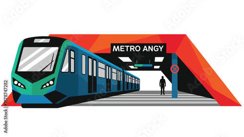 Modern metro train arriving at a stylized station platform in an urban transportation concept Vector