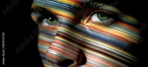 Artistic close up of human eyes with colorful light stripes across face on black background Concept of perception and modern identity
