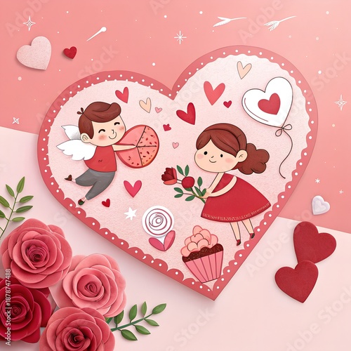 Valentine's Day card with cute characters, hearts, roses, and gifts in a romantic design