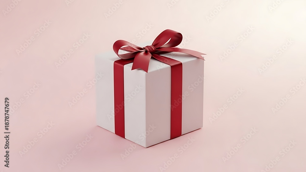 Fototapeta premium White Gift Box with Red Ribbon on Pink Background