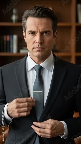 Man Adjusting Tie in Office Setting.