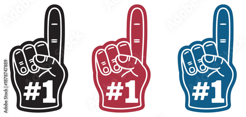 Colorful foam finger vector icons, number one hand symbols, black, red, blue designs, sports fan cheering, team support, celebration and event graphics.